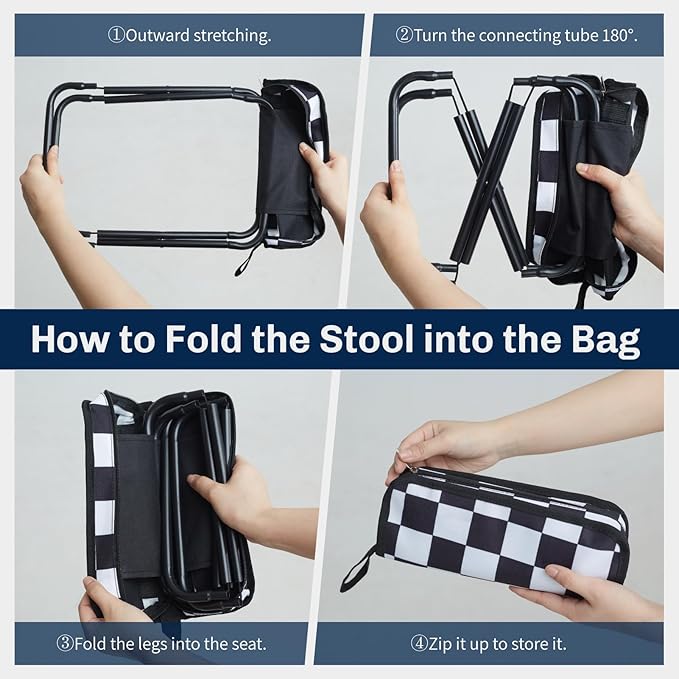 Collapsible Stool Camping Folding Stools: 1.1lbs Lightweight Portable Foot Stool Load 300lbs - 10.5 Inch Camping Chair Fishing Hiking Gardening Beach BBQ with Carry Bag Easy Transport (Black & White)