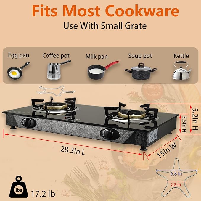 Propane Stove 2 Burner Gas Stove, 28800 BTU High-Efficiency Auto Ignition Tempered Glass LPG Cooktop with CSA Regulator and Hose – for Outdoor Camping, RV, and Emergency Cooking