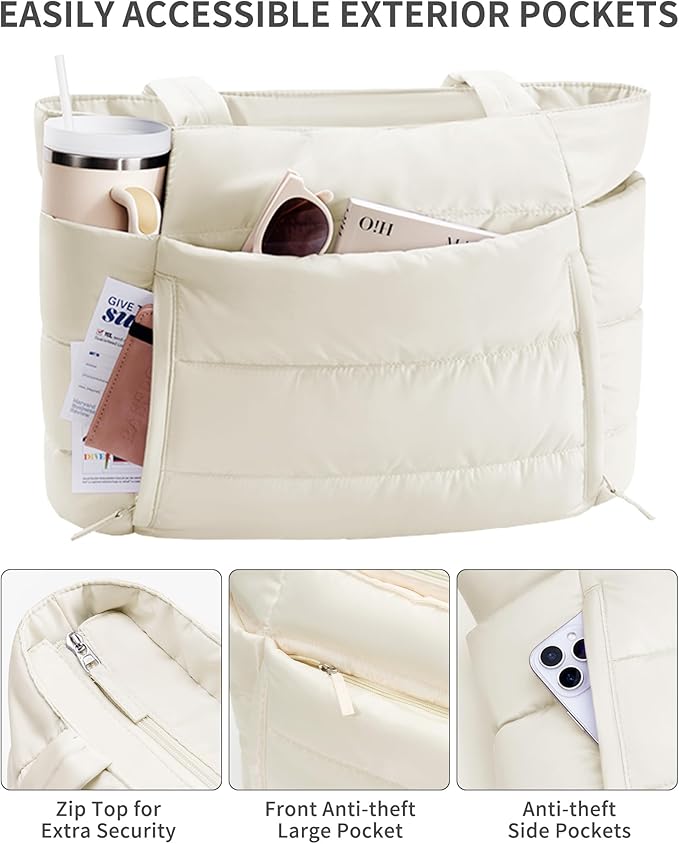 Puffer Tote Bag for Women, Lightweight Puffy Work Handbag Teacher Nurse Quilted Shoulder Bag for School Travel Gym
