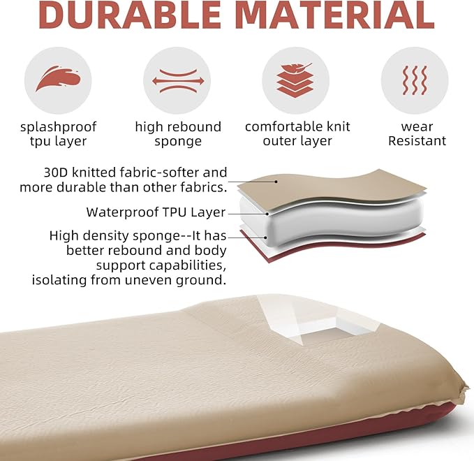 INVOKER 3.15" Self-Inflating Camping Sleeping Pad, Ultra-Thick Foam Fast Inflating Camping Mat Air Mattress with Pillow, 4-Season Insulated for Tent, Car, Camping, Travel, Khaki with Pink-Orange