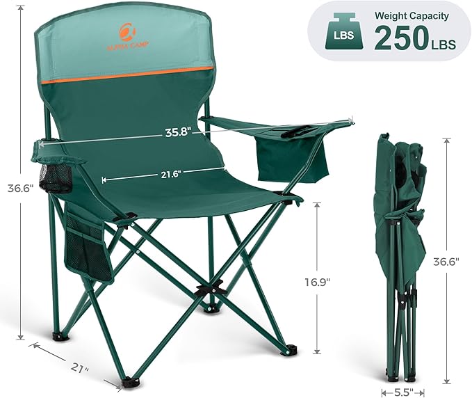 LET'S CAMP Camping Chair 2 Pack Folding Chair with 3-Can Cooler Bag Portable Lawn Chair with Cup Holder,Storage Pocket, Supports 225LBS, Collapsible Chair for Camp, Beach, Picnic (Green)