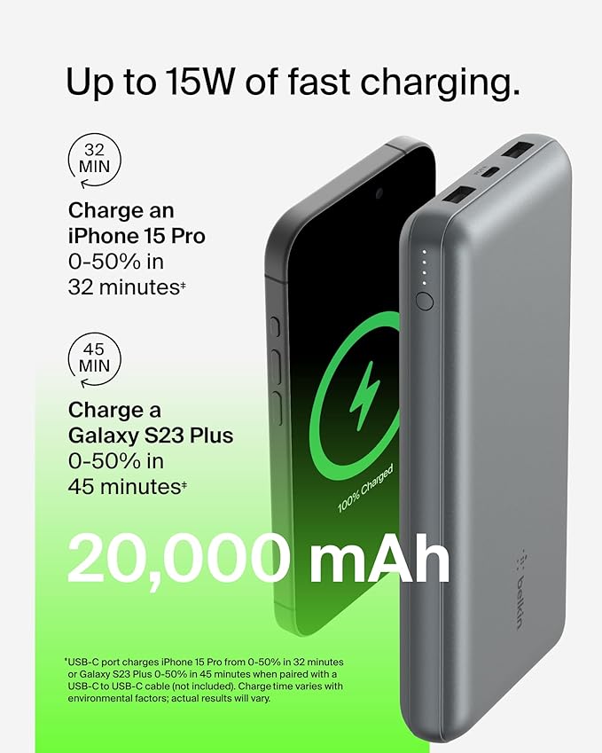 Belkin Portable Charger, USB C Power Bank 20000 mAh w/ 2 USB-A Ports, 15W w/A to C Cable - iPhone 17, Air, Pro, Pro Max, AirPods, Samsung Galaxy S25, iPad, Nintendo Switch 2, Google Pixel 10 - Gray