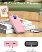 Portable Charger, 20000mAh 22.5W Fast Charging Power Bank with Built-in Cables & Wall Plug, Travel Essential Battery Pack with LED Display, USB C Battery Phone Charger for iPhone, iPad, Samsung Pink