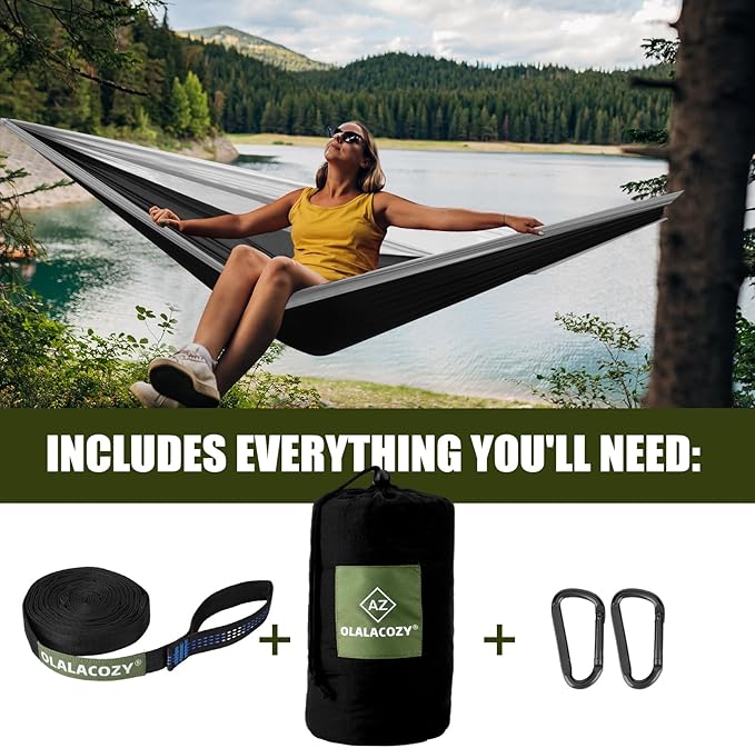 Camping Hammock,Camping Essentials,Lightweight Portable Double & Single Hammock with Tree Straps, Camping Gear for Outside Hiking Camping Beach Backpack Travel (Black & Grey, Medium)