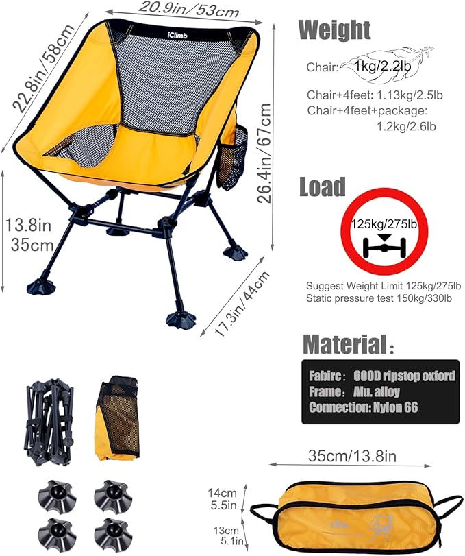 iClimb Ultralight Compact Camping Folding Beach Chair with Anti-Sinking Large Feet and Back Support Webbing (Yellow - Square Frame)