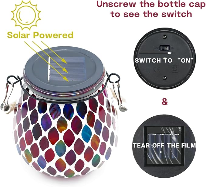 2 Pack Mosaic Red Solar Lanterns, Outdoor Glass Hanging Lights, Waterproof, Solar Table Lamps, Christmas Gifts for Women Mom Grandma, Night Lights, Decoration for Garden, Patio, Yard, Outdoor Decor