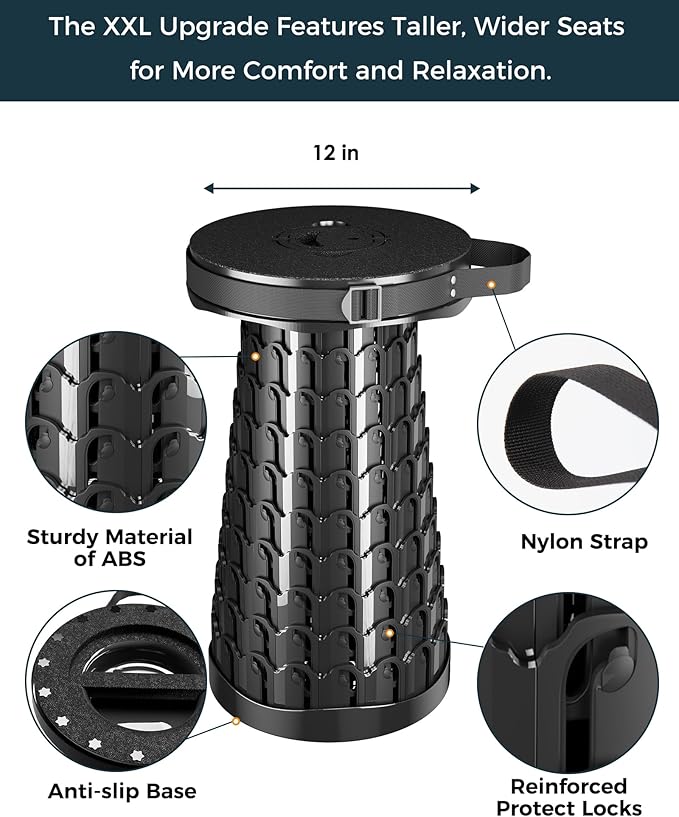 XXL 19.7" Collapsible Stool with Removable Cushion & Waterproof Storage Bag - Extra Wide Portable Folding Stool for Adults, Camping, Travel, Max Capacity 1000lbs