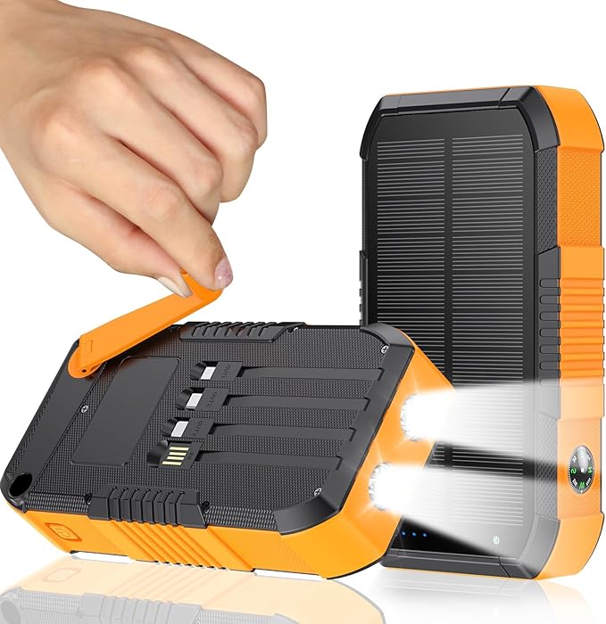 Solar Charger Power Bank 66800mAh Built in Hand Crank and 4 Cables, 22.5W Fast Charging PowerBank 6 Outputs & 4 Inputs, Portable Charger with Camping Flashlights & Compass for Outdoor (Orange)