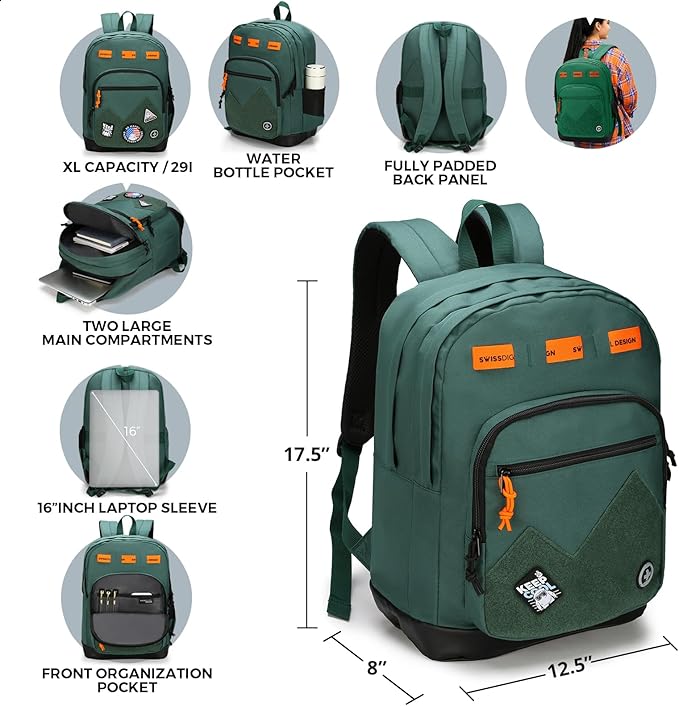 Swissdigital Design Big Student Laptop Backpack with Fun Personalized Patches For College Boy & Girl, Middle High School Teen Bookbag Cool Travel Daypack Green - Includes 3 Patches | SD1718-22