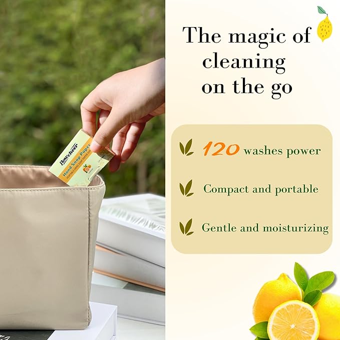 flowcheer Paper Soap Sheets For Hand Washing - (120 Pcs) Lemon Scent Portable Travel Soap Sheets, Eco-Friendly, Dissolvable Hand Soap for Camping, Travel, On-the-Go Use