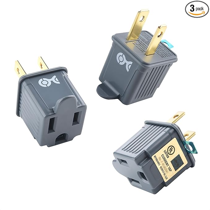 [UL Listed] Cable Matters 3-Pack 2 Prong to 3 Prong Outlet Adapter, 3P to 2P Plug Adapter - Converts a 2Prong Outlet to Support 3Prong Plugs, Gray