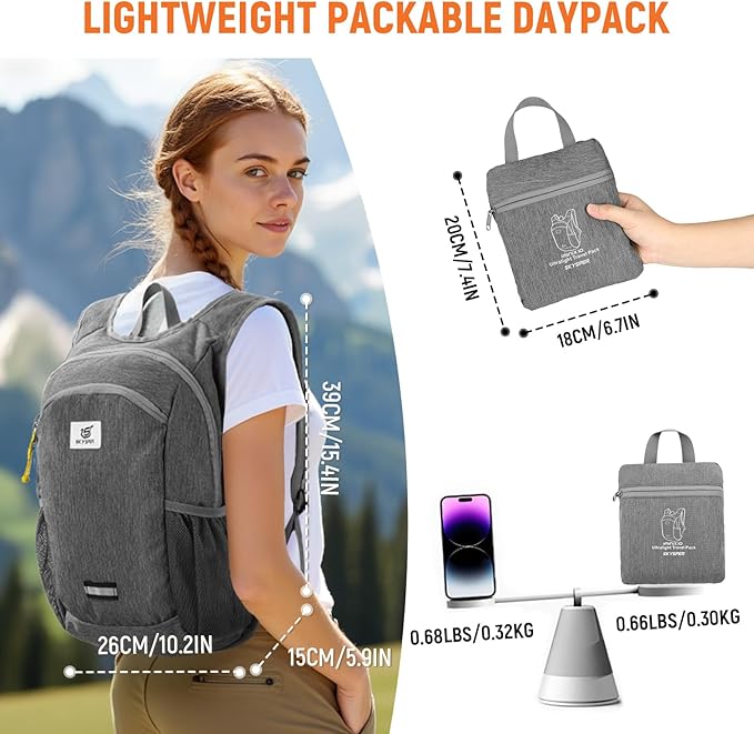SKYSPER 10L Hiking Backpack, Foldable & Packable Lightweight Daypack for Travel, Collapsible Small Compact Hiking Backpack for Women & Men, Gray