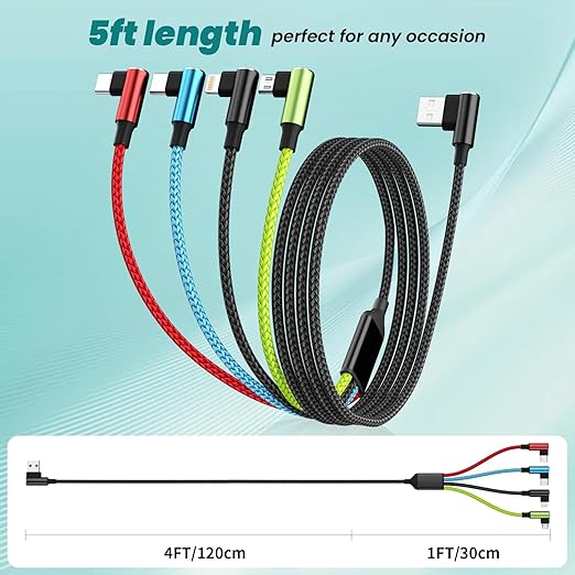 Travel Vacation Essentials Multi Charging Cable, Right Angle 4 in 1 Charging Cable, Long Phone Charger Cords with IP/Type C/Type C/Micro Port, Compatible with Most Cell Phones and More （1Pack 5FT）