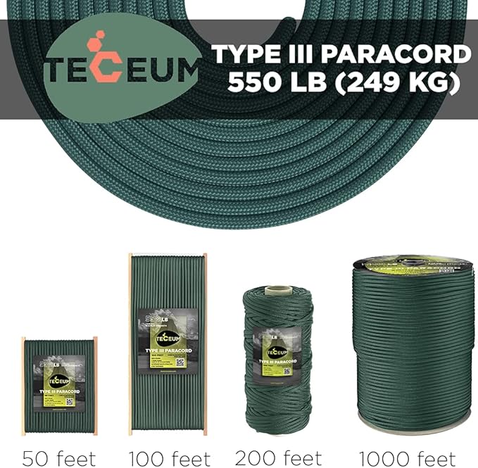 TECEUM 5/32" Paracord Rope 1000 – 1000ft / 200ft / 100ft / 50ft – Tactical Parachute Cord 4mm – 45+ Colors – Nylon String for Survival & Camping Gear – Stripe Cord for Survival – Utility Rope