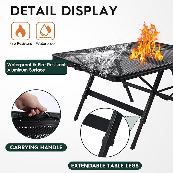 3 FT Folding Grill Table, Portable Camping Table for Outside, 3 Adjustable Height Folding Table with Desktop, Lightweight Outdoor, Camping, Picnic, BBQ