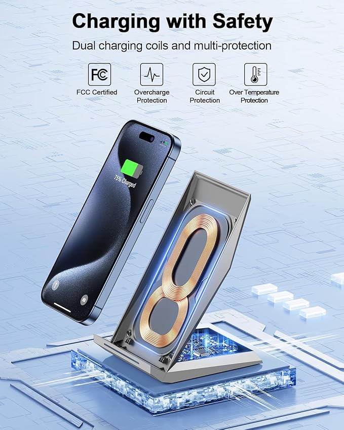 Fast Wireless Charger, NANAMI Qi Certified Wireless Charging Stand Compatible iPhone 17/17 Air/16/16 Plus/15/14/13/12, Desktop Charger for Samsung Galaxy S25/S24/S23/S22/S21 and Qi-Enabled Phone