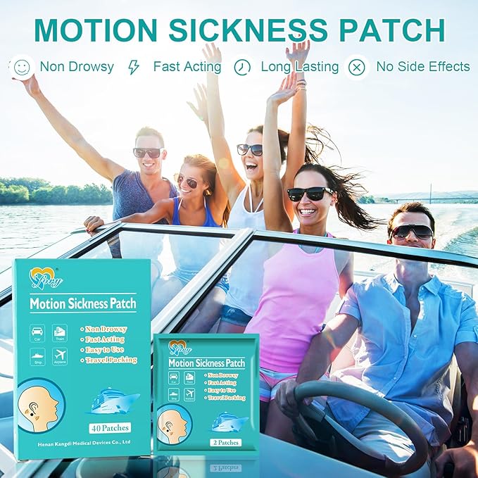 40ct Motion Sickness Patches Non Drowsy – Sea Sickness Patches for Cruise, Car, Airplane, and Other Travel – Waterproof Patch Hidden Behind Ear – Effect Lasts 72 Hours