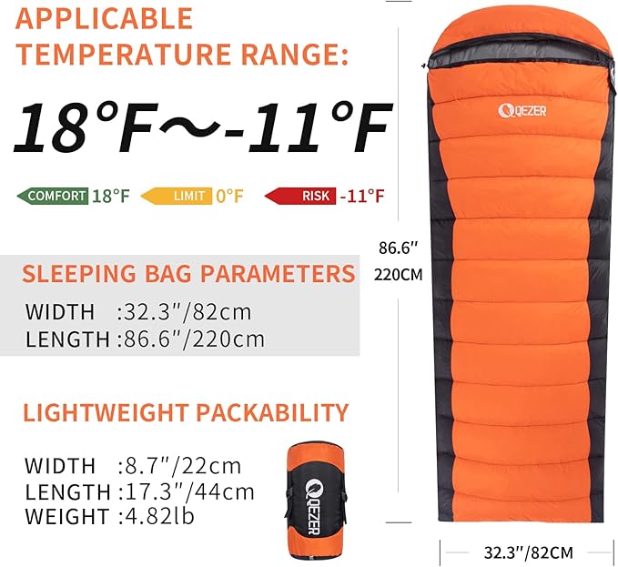 Ultralight Down Sleeping Bag for Adults - 600 Fill Power, Cold Weather, Backpacking, Camping, Hiking