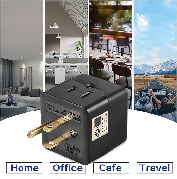 3 Outlet Wall Adapter UL Listed 3 Outlet Power Cube Tap, 3-Prong Outlet Splitter, Multi Plug Outlet Grounded Indoor, 3 Way Plug Adapter, Outlet Extender for Home or Travel (Black, 1 Pack)