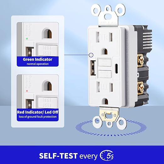 15 Amp Self-Test GFCI Outlet Combination with USB Type A and Type-C, Tamper Resistant Thinner Duplex Outlet, in-Wall, USB Charger for Smartphones, Tablets and Smart Home Appliance, White