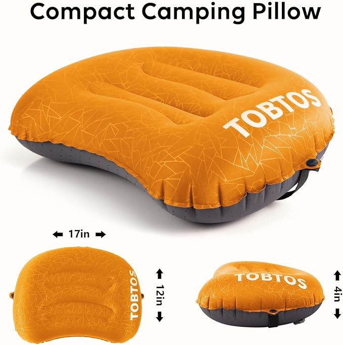 TOBTOS Inflatable Camping Pillow for Camping, Ultralight Backpacking Pillow, Ergonomic Support for Neck & Lumbar, Blow Up Air for Travel, Hiking, Outdoor (Orange)