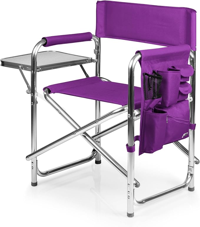 PICNIC TIME Sports Chair with Side Table, Outdoor Foldable Padded Adult Camping Chairs with Cup and Accessory Panel for Lawn, Beach, & Sports Use for Adults, up to 300-lbs Capacity, (Purple)