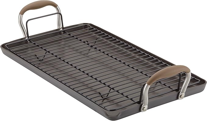 Anolon Advanced Home Hard Anodized Nonstick Double Burner Griddle/Grill Pan with Roasting Rack, 10 Inch x 18 Inch, Bronze