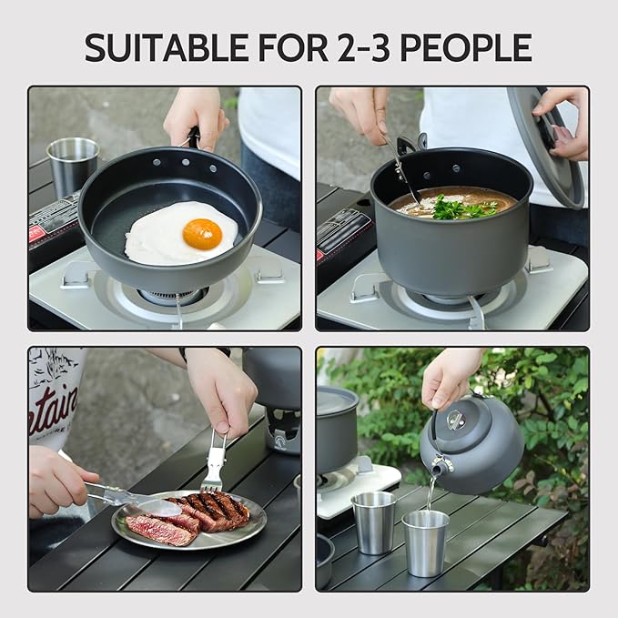 REDCAMP 6/10/11/12/14/15/19 PCS Camping Cookware Mess Kit Camping Gear Campfire Utensils Lightweight Stackable Pot Pan Bowls Soup Spoon with Storage Bag for Camping, Backpacking, Outdoor Cooking