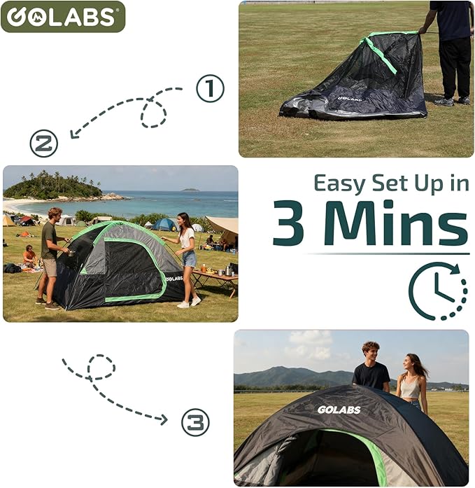 Golabs CT1 2 Person Camping Tent, Easy Set Up in 3 Mins, PU1500mm Waterproof w/Mesh Top & Door with Ventilation, Lightweight 4.4lbs Portable Family Tent with Carry Bag &Interior Storage Pockets &Hook