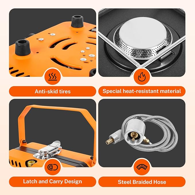 Adjustable 2-Burner Portable Stove with 16000 BTU, with Camping Grill and Carrying Bag, Portable Propane Camp Stove with 2 Burners & Piezo Ignition for Camping, Backyard BBQ,Tailgating (Orange)