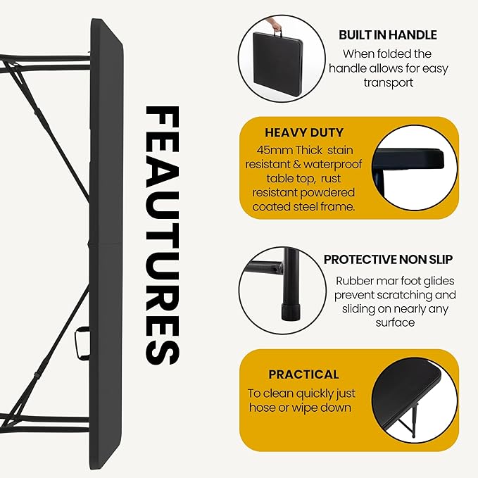 BTEXPERT Fold-in-Half Folding Utility Table 6 Feet 72" x 29.5" Lightweight Portable Carrying Handle, Indoor Outdoor Picnic Camping Office Home Party Wedding Event Easy to Clean Store & Care Black