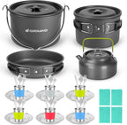 Odoland 39pcs Camping Cookware Mess Kit, Non-Stick Large Size Hanging Pot Pan Kettle with Base Dinner Cutlery Sets for 6 and More, Cups Dishes Forks Spoons Kit for Outdoor Camping Hiking Picnic