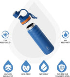 IDEUS Insulated Stainless Steel Water Bottle with 2 Leak-Proof Lids, Thermal Water Flask for Hiking Biking, 24oz, Bright Blue