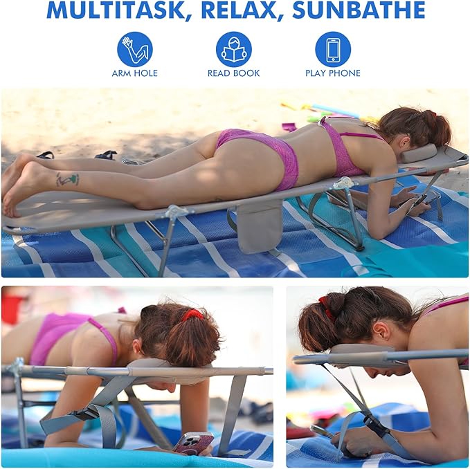 Backpack Beach Tanning Chair with Canopy and Face Hole, 6-Position Folding Lay Out Lounge Chair, UPF 50+ Wind-Resistant Sun Shade, Portable Recliner for Sunbathing, Outside, Poolside, Lawn, Patented