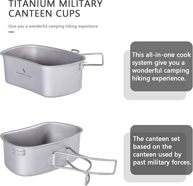 Boundless Voyage 750ml+400ml Titanium Military Mess Kit Ultralight Camping Cookware Set with Folding Handle & Hanging Rope Portable Canteen Cup for Outdoor Cooking, Hiking, Survival Ti2048C