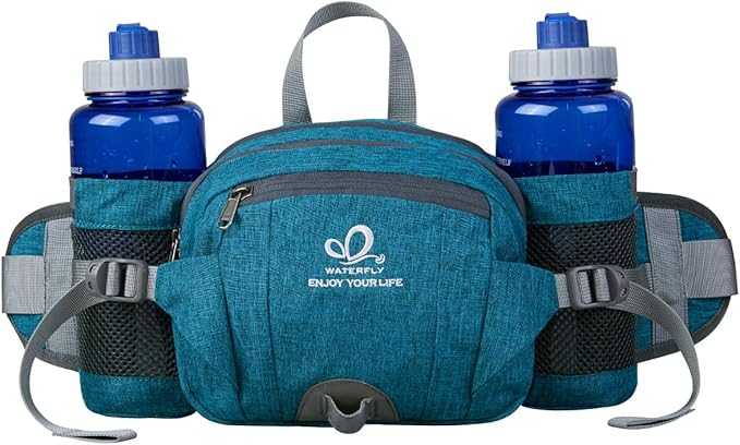 WATERFLY Fanny Pack Waist Bag: Fannie Pack 2 Water Bottle Holders Lumbar Belt Hiking Walking Running Jogging Camping Large Woman Man (Bottle Not Included)