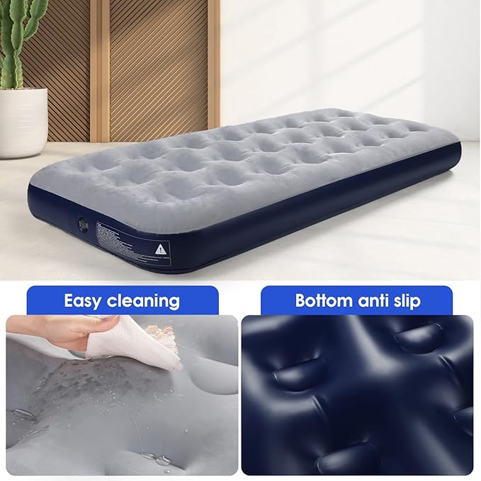 Camping Air Mattress Inflatable Air Bed Flocked Surface Travel Bed Sleeping Pad Air Bed for Outdoor Camping Tent Guest Travelling（Navy Blue ）