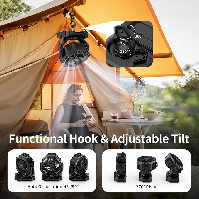 Socool 40000mAh Camping Fan Rechargeable, Battery Operated Portable Outdoor Fan Remote, 136Hrs & 4-Speed Cordless Oscillating, Table Fan with Light & Timer for Tent RV Jobsite Hurricane Power Outage