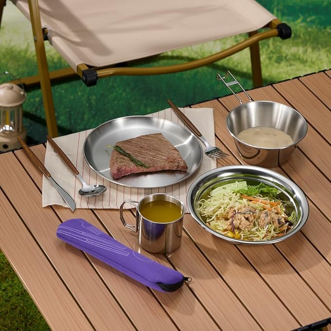 Camping Kitchen Tableware Mess Kit, Bowls&Dishes Set for 4 Person- 31pcs Utensils Set with Plate Spoon Fork Serrated Knife,304 Stainless Steel Bowl&Cup&Dish,Storage Bag,Backpacking, Hiking Picnic