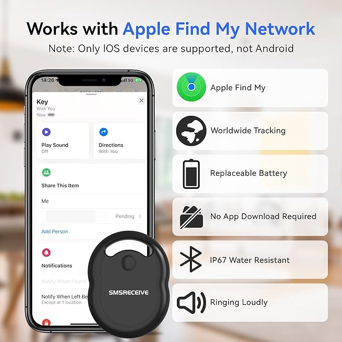 Air Tracker Tag-1 Pack [Apple MFI Certified], Smart Bluetooth Tracker Works with Apple Find My APP (iOS Only, Not for Android), Key Finder and Item Locator Smart Tag for Keys, Luggage, Backpack(Black)