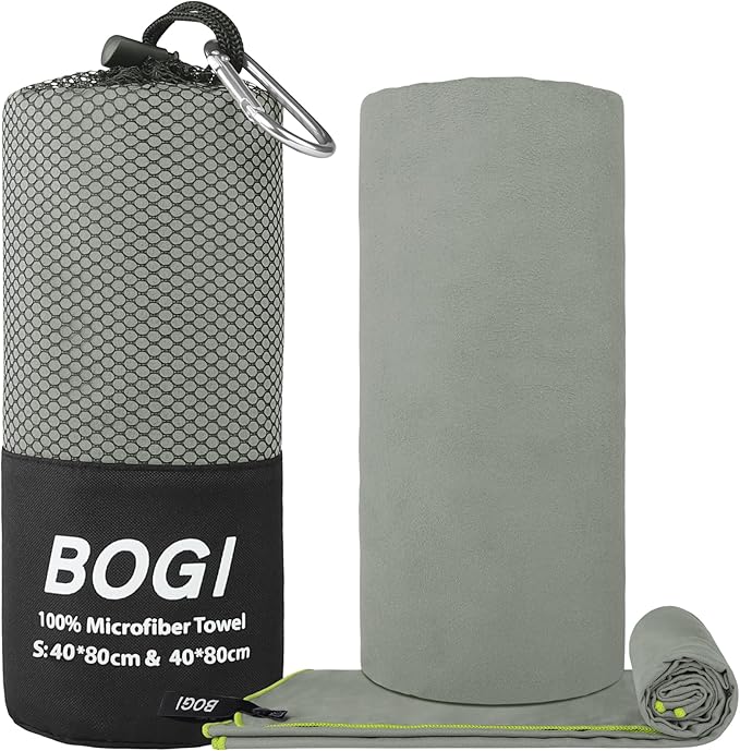 BOGI Microfiber Travel Sports Towel-Quick Dry Towel, Soft Lightweight Microfiber Camping Towel Absorbent Compact Travel Towel for Camping Gym Beach Yoga Swimming Backpacking (S:16''x32'',2Pcs-Grey)