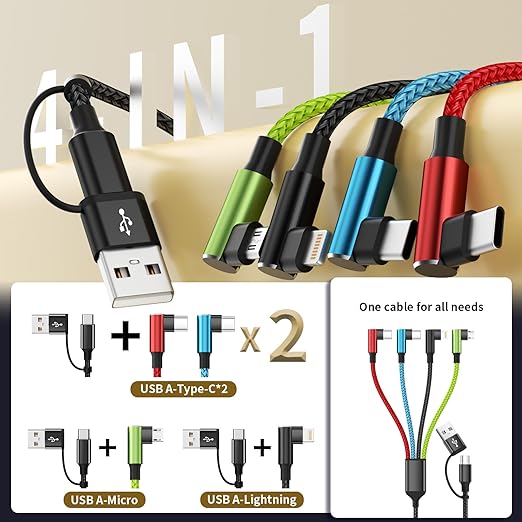 Travel Essentials 90 Degree Charging Cable, 4 in 2 USB A/USB C Multi Charging Cable, Right Angle Universal Phone Charger with IP/Type C/Type C/Micro Port, Compatible with Most Cell Phones and More