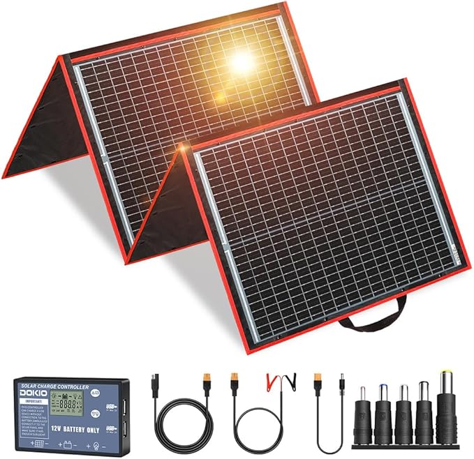 DOKIO 150W Portable Foldable Solar Panel Kit (20x21in, 7.3lb), with Separate Controller and Dual USB, Monocrystalline Charger for 12V Batteries & Power Stations, RV Camping Trailer Emergency Backup