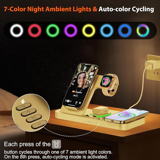 Dual Phone Magnetic Wireless Charging Station for Apple Devices/Apple Ecosystem,with Auto-Switch 7-Color Light & Clock, Compatible with iPhone 17/16/15, for iWatch 11/10/9 & AirPods Pro3（White）