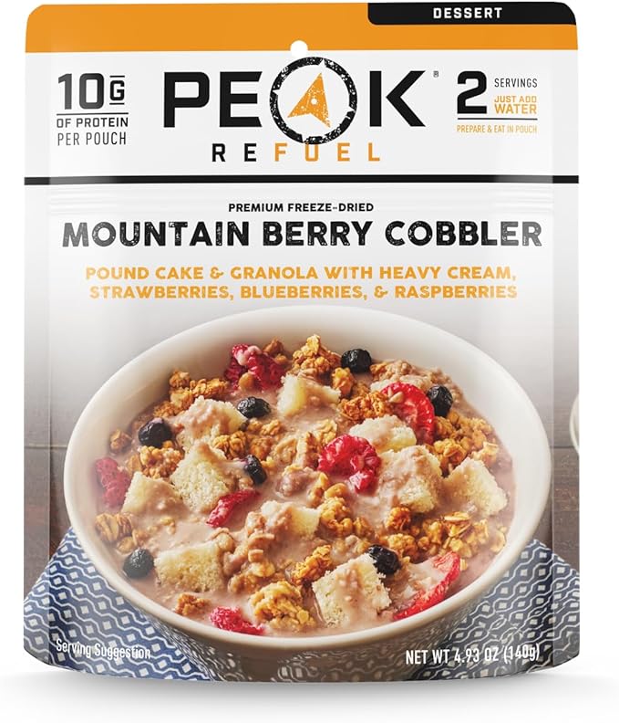 Peak Refuel Cobbler | Protein | Calories | 100% Real Ingredients | Premium Freeze Dried Backpacking & Camping Food | 2 Servings | Ideal MRE Survival Meal or Dessert