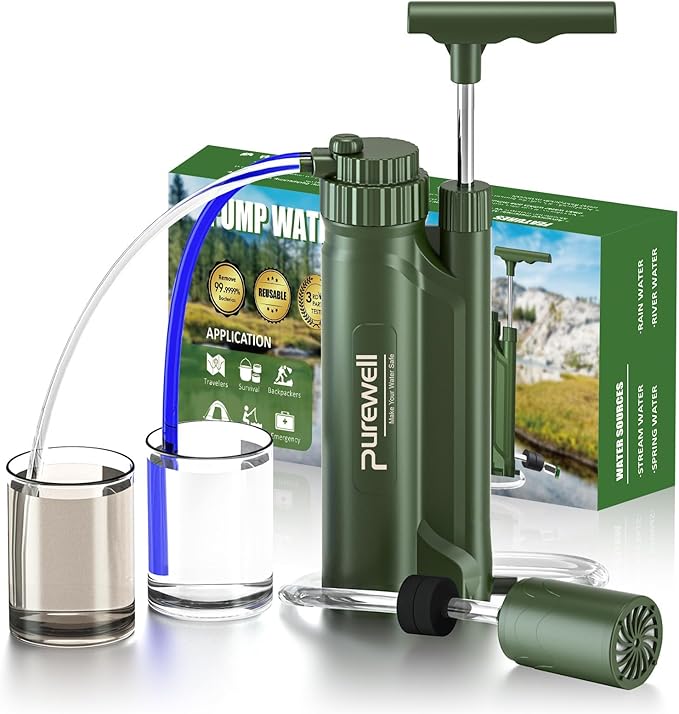 Purewell Water Purifier Pump with Replaceable Carbon 0.01 Micron Water Filter, 4 Filter Stages, Portable Outdoor Emergency and Survival Gear - Camping, Hiking, Backpacking