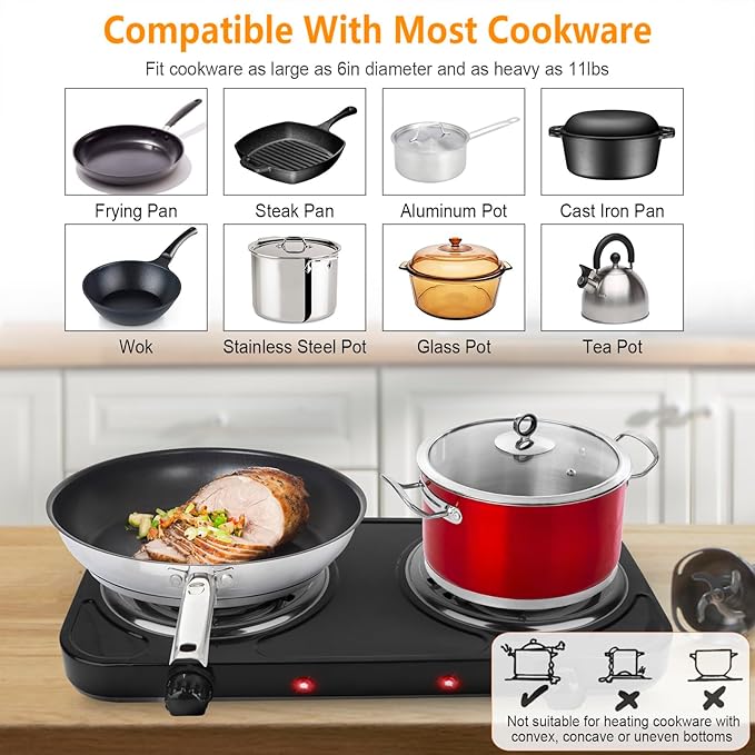 Hot Plate, 2000W Portable Electric Stove for Cooking with 5 Levels Adjustable Temperature & Dual Control, Countertop Double Coil Burner Cast Iron Cooktop for All Cookwares Home Camp RV, Black