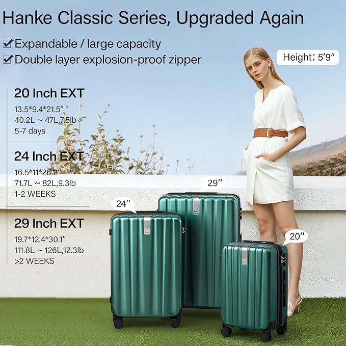 Hanke 24 Inch Expandable Checked Luggage Lightweight PC Hard Shell Luggage Suitcases with Wheels Travel Luggage Rolling Large Suitcase Travel Luggage Bag for Go to University.(Blackish Green)