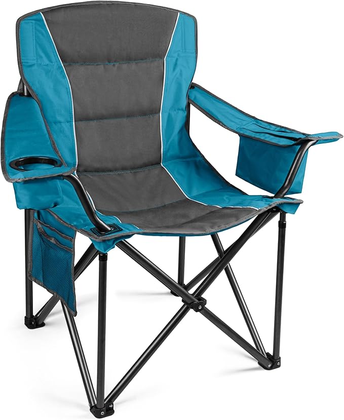 Colorsoul Oversized Folding Camping Chair, Outdoor Padded Camping Chair Support 300 LBS with Cup Holder and Cooler Bag, Portable Lawn Chair for Beach Picnic Sports, (Blue)