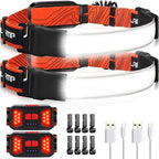 Adelante LED Headlamp Flashlight, 2Pack 1000LM 230°Wide-Beam Rechargeable Head Lamp for Adults, Red Taillight & 8 Clips Waterproof Hard Hat Light Headlamps for Running Hiking and Camping